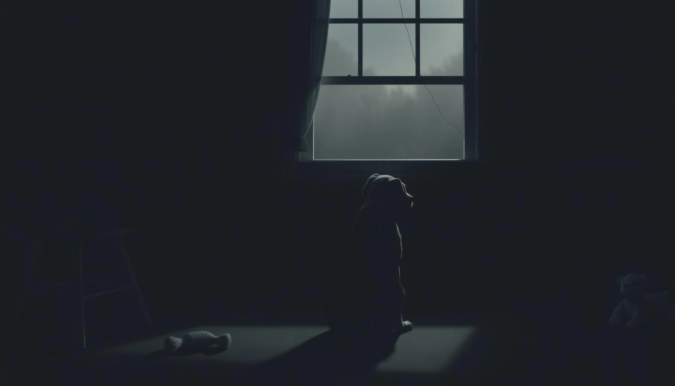 do dogs mourn - somber dog sitting alone in a quiet, dimly lit room, gazing out of a window with teary eyes, surrounded by soft shadows and a few scattered toys, evoking a sense of loss and longing