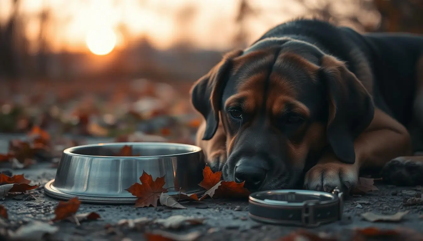 do dogs mourn - A somber scene of a dog lying beside an empty dog bowl, surrounded by fallen autumn leaves, with a soft, golden sunset in the background. The dog's expression is one of sadness and longing, its ears drooping and eyes reflecting deep emotion. Nearby, a slightly worn collar rests on the ground, symbolizing a lost companion, while soft shadows create a melancholic atmosphere.