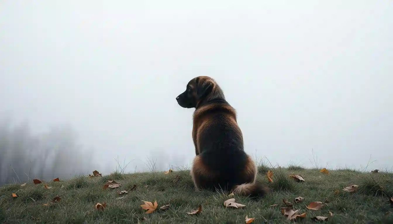 do dogs mourn - A somber dog sitting alone on a grassy hill, gazing into the distance, with soft, muted colors reflecting a melancholic atmosphere; the dog's fur slightly ruffled by a gentle breeze, surrounded by fading autumn leaves to symbolize loss and remembrance.